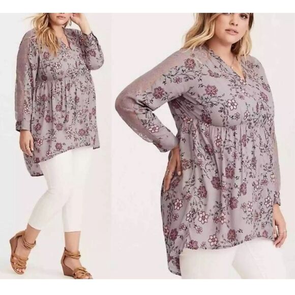 Torrid Gray Floral Lace Long Sleeve Button Front High Low Tunic Top Size 4X - Picture 1 of 12